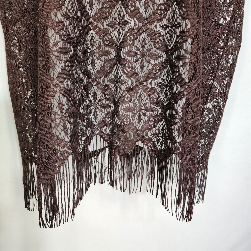 Chico's Womens Top Size 2 Large Brown Crochet Short Cap Sleeve Fringe Trim Sheer - Picture 6 of 11